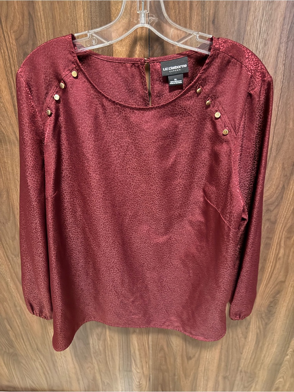 Liz Claiborne Women's Burgundy Long-Sleeve Blouse with Stud Details, Size XL